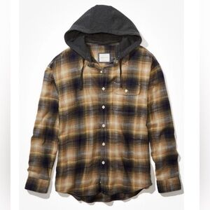 American Eagle Hooded Plaid Flannel in Khaki and Gray Size Small